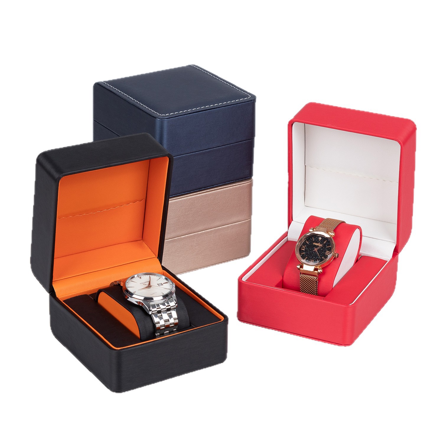 Caja de reloj de ángulo redondeado al por mayor cubierta flip PU caja de almacenamiento de reloj de seda de lluvia estriado caja de embalaje de reloj caja de regalo image 6