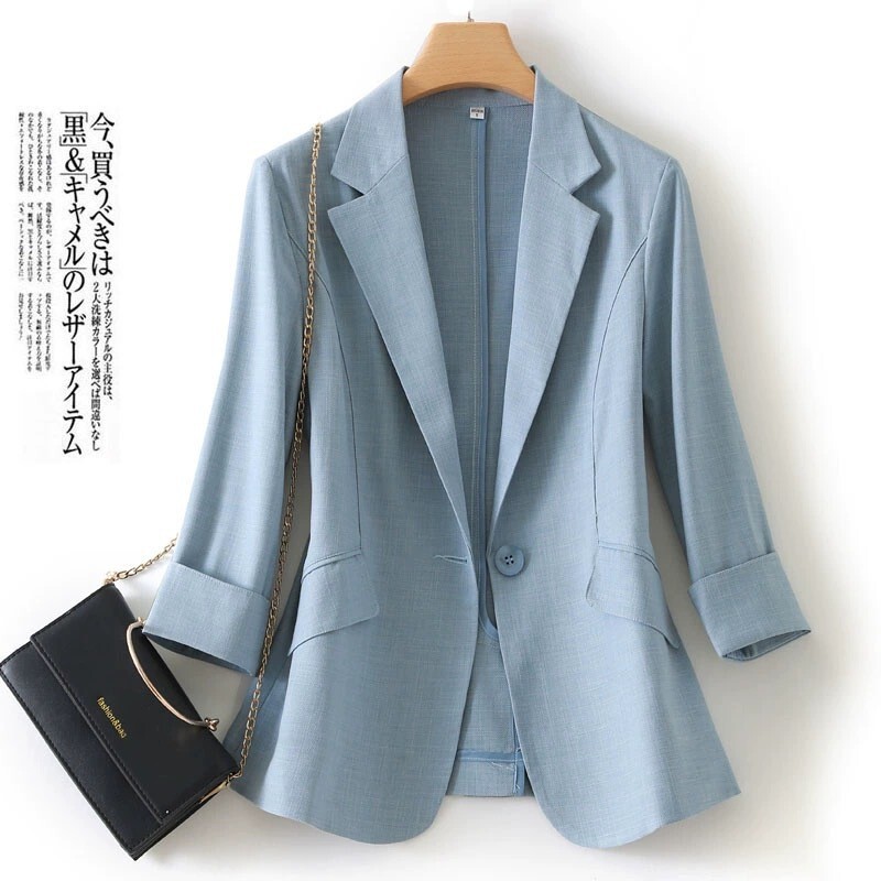 Cross-Border 2026 New Style Linen Blazer for Women, Korean Style, Elegant Slim-Fit Short Blazer, Three-Quarter Sleeve Thin Jacket