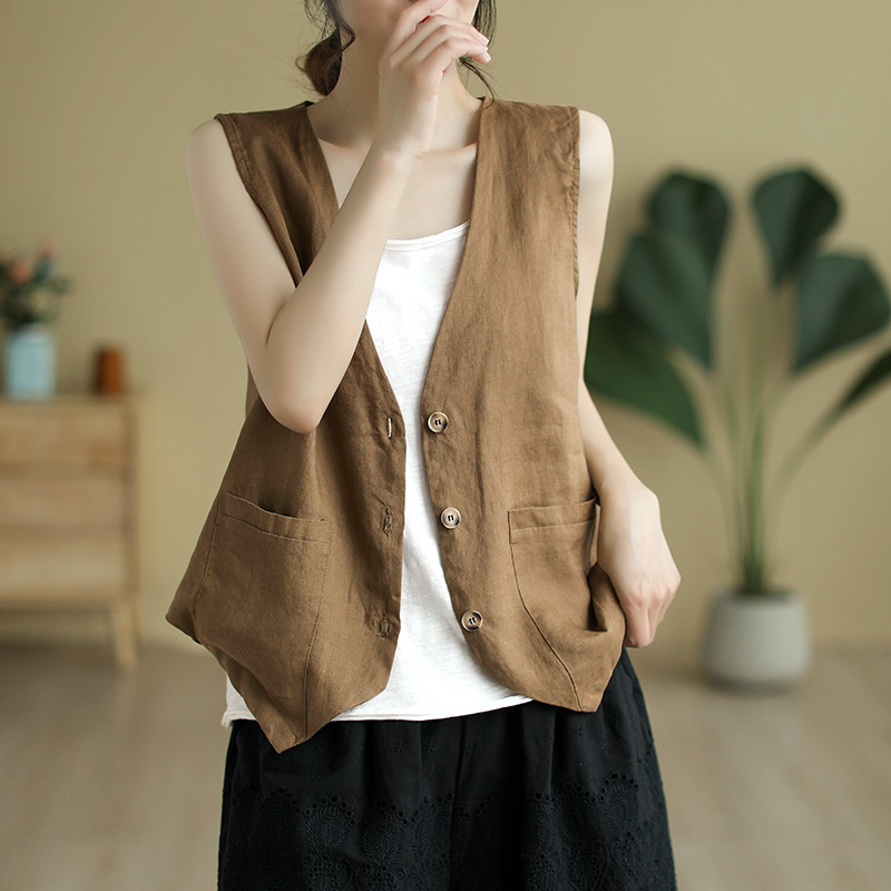 Summer Cotton and Linen Vest Women's Thin Artistic Style V-Neck Short Vest Solid Color Sleeveless Elegant Women's Outer Wear
