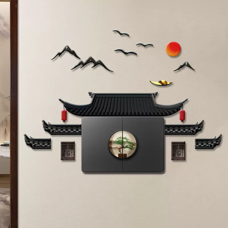 中式徽派屋檐开关贴家用可视门铃门禁客厅插座面板立体装饰墙遮丑