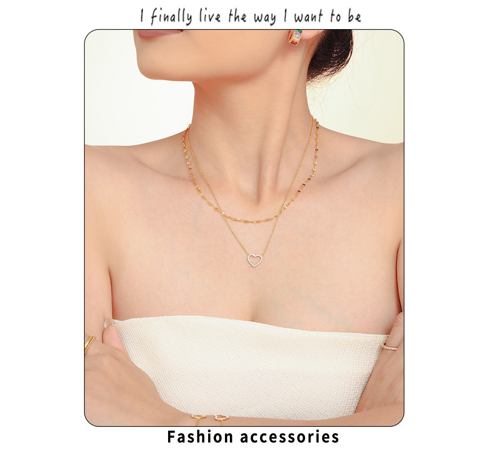 Square Sugar Ins Heart-shaped Handmade Zircon Double Layered Collarbone Necklace Bracelet Set Titanium Steel PVD Electroplating Color Preservation_voghion.com