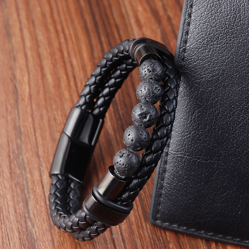 Retro, Classic Style Style Retro Classic Style Pu Leather Volcanic Rock Titanium Steel Geometric Woven Chain Men Cord & Leather Bracelets
