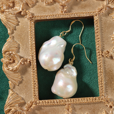 天然淡水珍珠大巴洛克鱼尾耳环耳坠美国进口14K包金不掉色配件