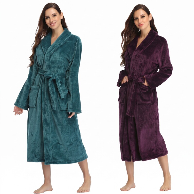 Women's Thick Fleece Long Bathrobe, Soft and Warm, Full-Length Shawl Collar Loungewear, Sleepwear, Sizes S-Xxl, Solid Color