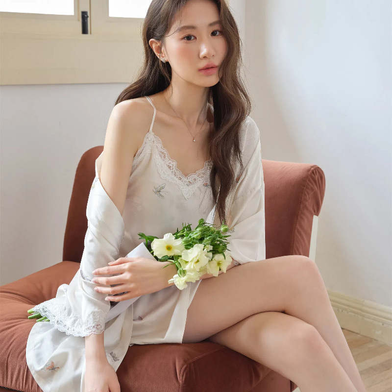 Summer New Sexy Slip Skirt Printed Three-piece Nightgown Ice Silk suit Lace Home Clothes Pajamas for Women