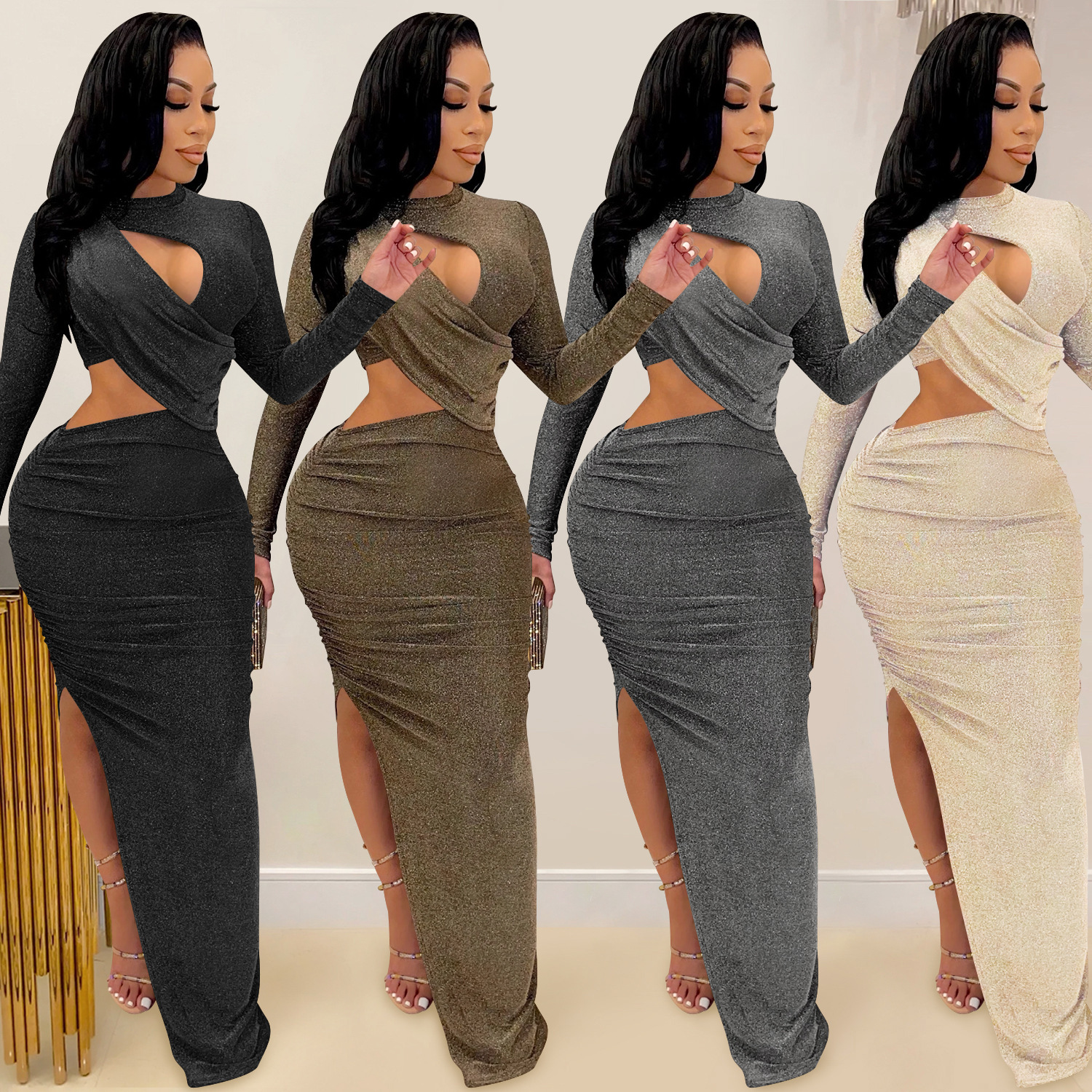 C5550 verano nuevo estilo europeo y americano Amazon moda transfronteriza manga larga sexy hueco vestido de mujer image 1