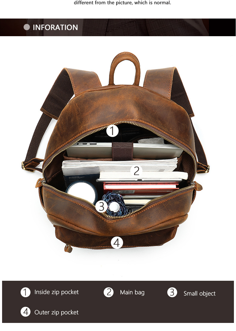 Crazy Horse Leather Men's Backpack Large Capacity Business Travel Bag Stylish Retro Cowhide Handbag_voghion.com