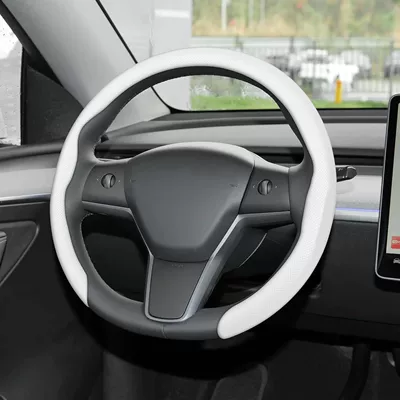 Cross-border bestseller 5D carbon fiber Nappa suede car steering wheel cover, breathable, sweat-absorbent, non-slip, wear-resistant, interior modification (Steering wheel cover) - 5d-nappa-leather-belt-hole-white-38cm