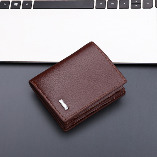 Men's short, vertical-style leather wallet with zipper and reinforced design—anti-scan feature—leather texture in lychee pattern