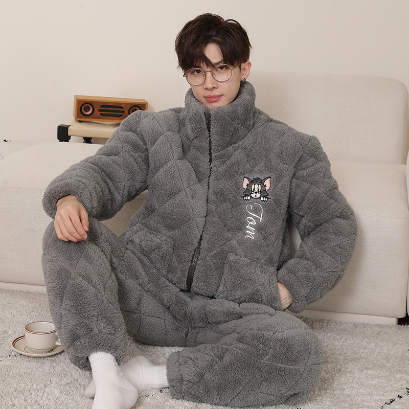 New Three-layer Quilted Coral Fleece Pajamas Men's Winter fleece-lined Thickened Flannel Men's Warm Home Clothes suit