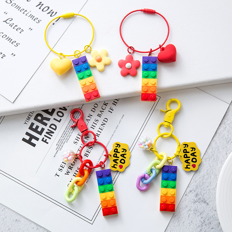Candy Bell Bag Accessories Car Keychain Cartoon Heart Rainbow Building Block Keychain Pendant Holiday Gift