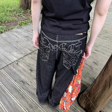 大码美式刺绣阔腿牛仔裤女胖mm复古百搭休闲显瘦宽松直筒拖地长裤