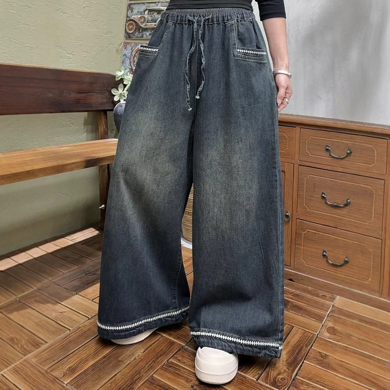 2026 Fall New Arrival Loose Fit Plus Size Elastic Waist Denim Trousers with Embroidered Hem Vintage Wide-Leg Pants