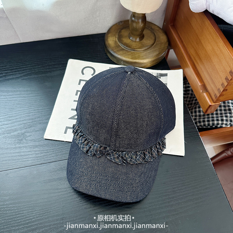 水洗深蓝牛仔棒球帽渔夫帽格纹木耳边装饰可爱显脸小韩版鸭舌帽|undefined