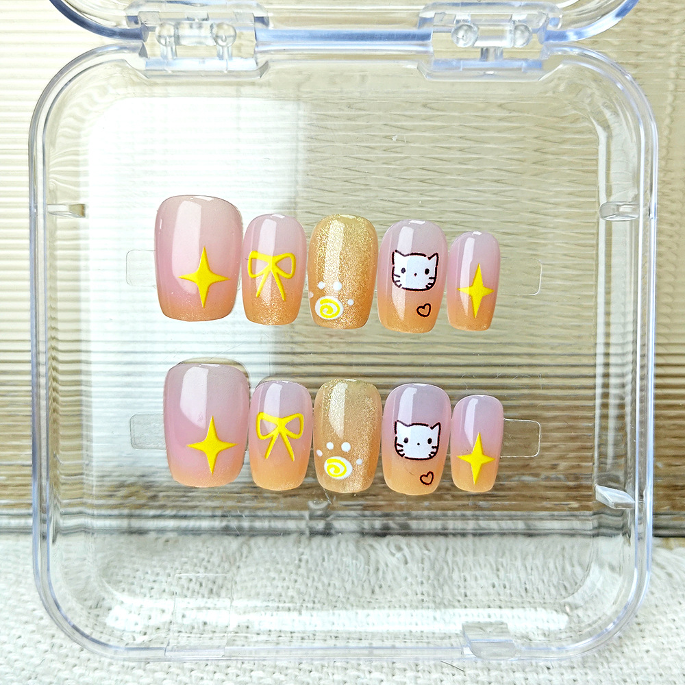 Nuevos productos de verano manicura de dibujos animados, lazo de gato, armadura infantil, 10 piezas, ojos de gato, uñas postizas hechas a mano image 4