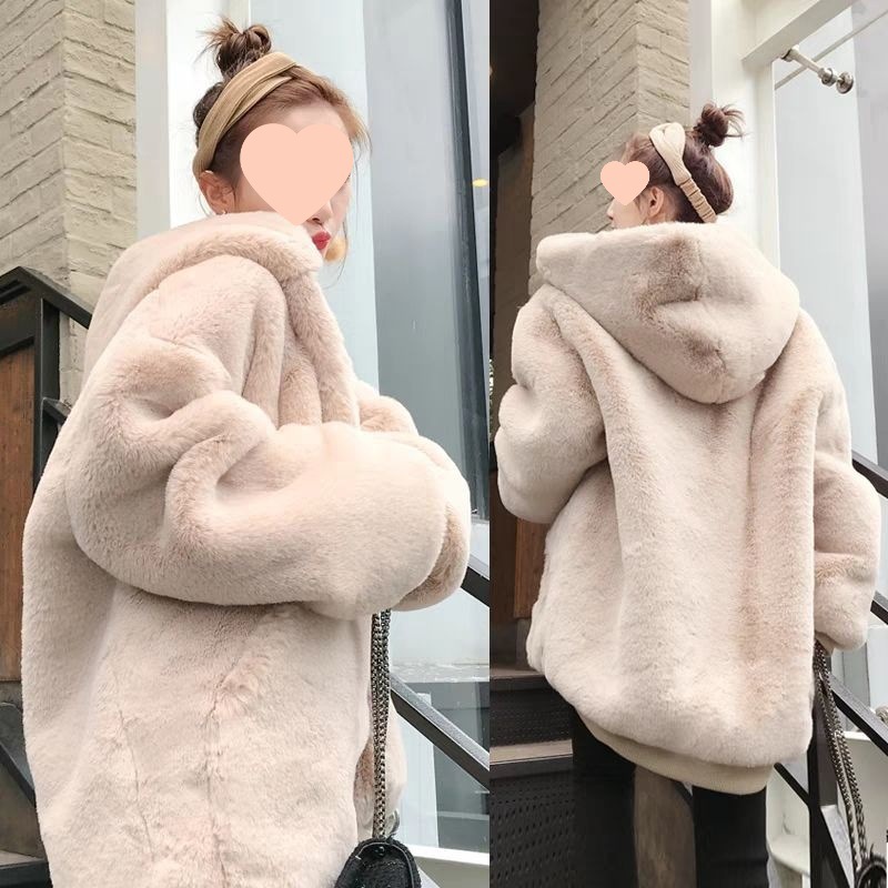Stuffed Fur Outwear Women's Autumn and Winter Loose Cocoon-Shaped Thickeneded Rabbit Fur Hooded Fur Outwear 2025