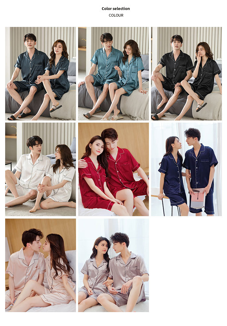 Han Yatong Summer Couple Pajamas Simulation Silk Short-sleeved Shorts Set Thin Men's and Women's Home Clothes 5075_voghion.com