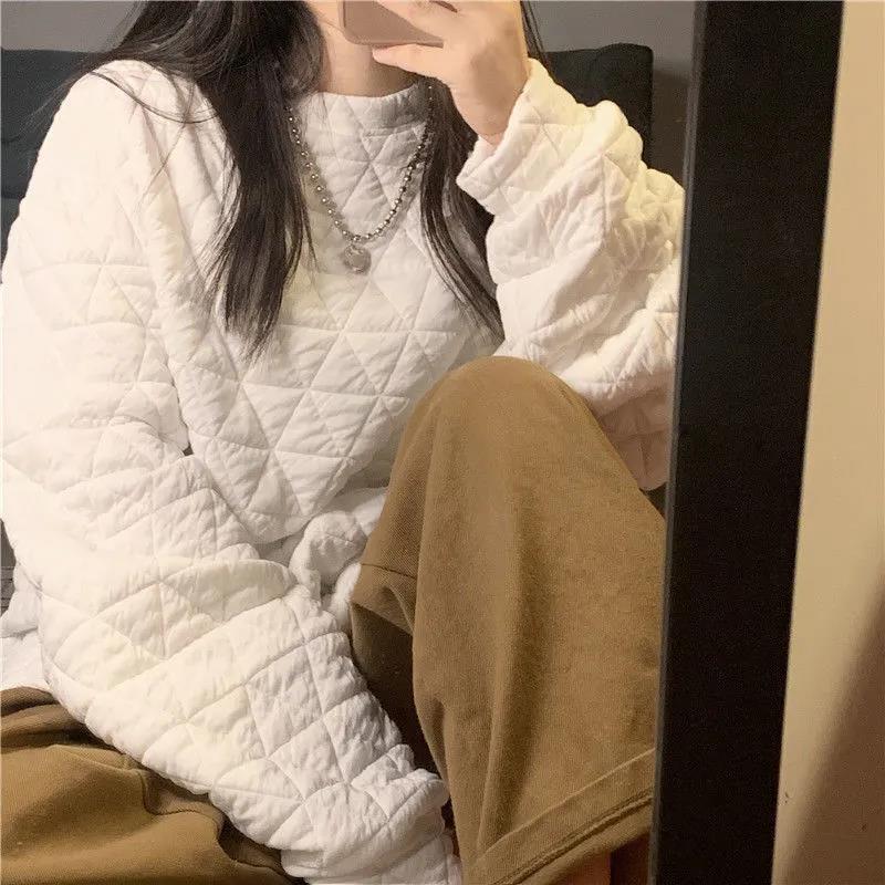 Thickened Rhombic Plaid Cotton-padded Jacket Sweatshirt Women's Autumn and Winter Korean-style New Loose All-match Solid Color Bubble Air Cotton Top Jacket Thickened Rhombic Plaid Cotton-padded Jacket Sweatshirt Women's Autumn and Winter Korean-style New Loose All-match Solid Color Bubble Air Cotton Top Jacket