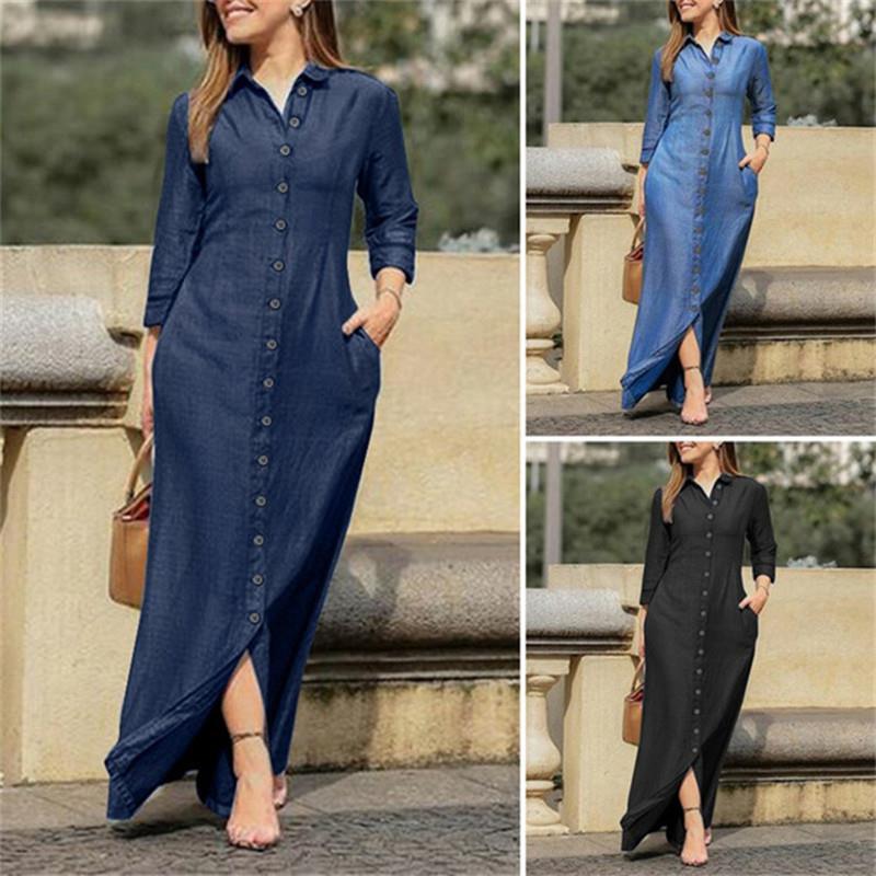 European and American Style Women's Clothing, Elegant and Fashionable, Neutral Style Long-Sleeved Lapel Cardigan, Pure Color Long Denim Dress