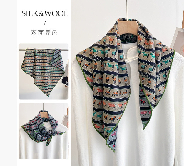 2025春秋冬新型高級シルクウールマフラー女性ファッション気質プリントストール両面シルクスカーフ