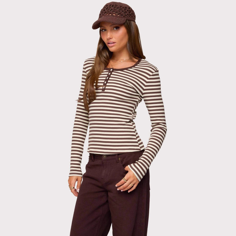 Bm New American Style Five-Button Brown Stripesd Round Neck Long-Sleeved T-Shirt for Women Bm Sexy Slim Inner Bottoming Top