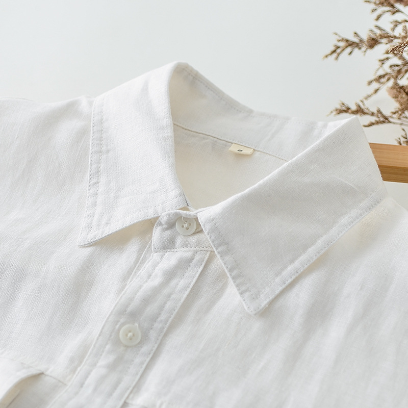 2024 verano Lino hombres parche bolsa solapa manga corta Camisa de lino simple cómodo fresco camisa de lino F012