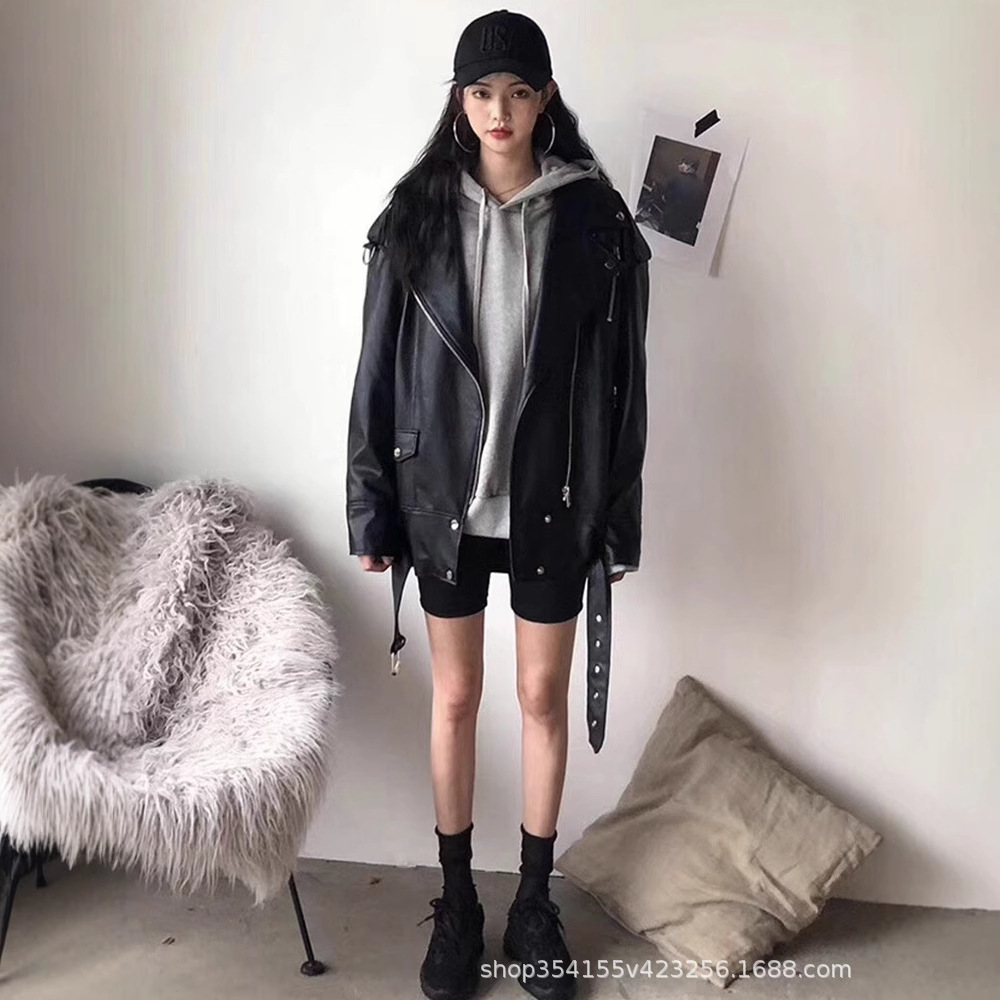 ミディアムコート女性春秋モデル韓国版機関車bf風皮衣香港風puコートoversizeジャケット