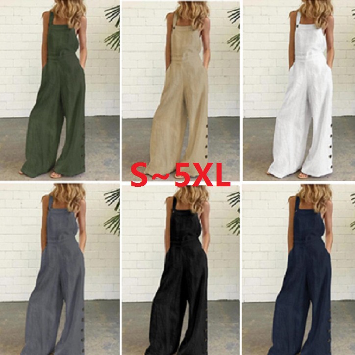 2026 New Women's European and American Style Solid Color Sleeveless Side-Button Wide-Leg Pocket Casual Jumpsuit