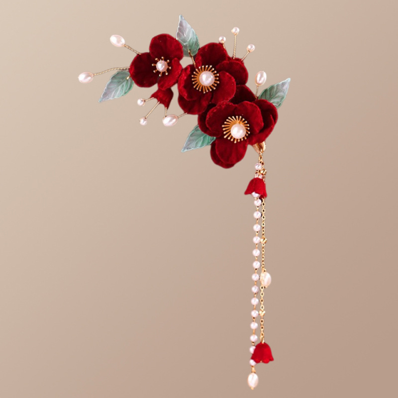 Red hairgrip with tassels, flowered