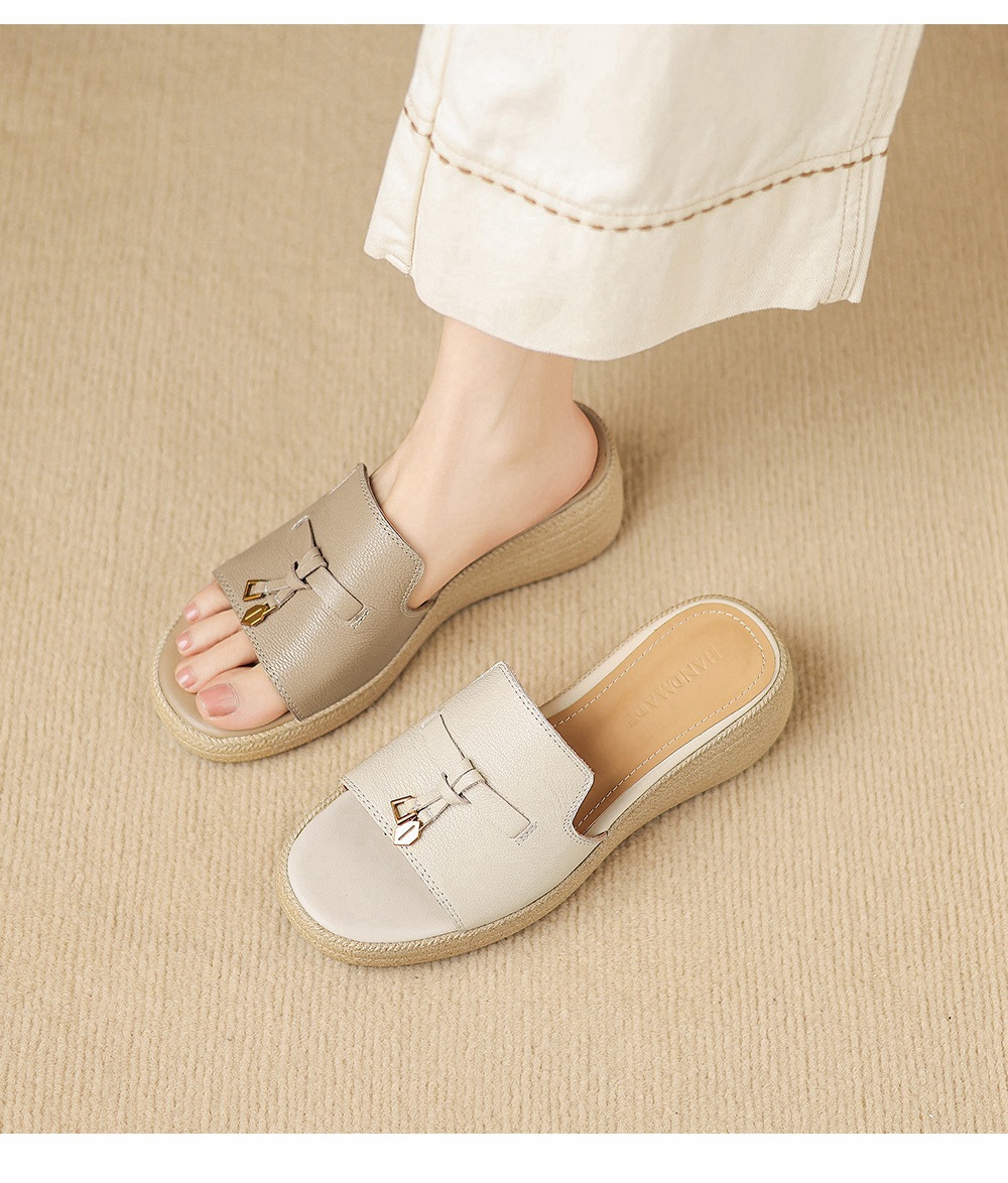 Dép sandal nữ xỏ ngón đế bệt da dê đế dày mùa hè — màu trắng ngà chi tiết 1