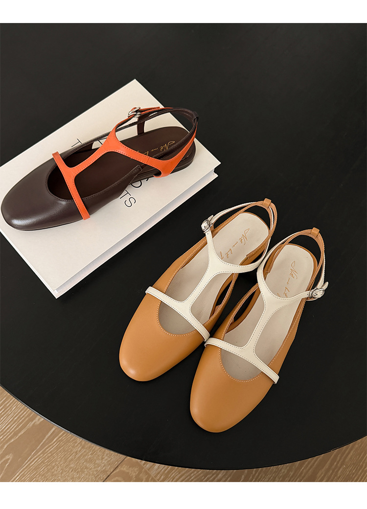 Sandal nữ quai chữ T bít mũi đế bệt da bò phối màu phong cách Hàn — màu nâu chi tiết 16