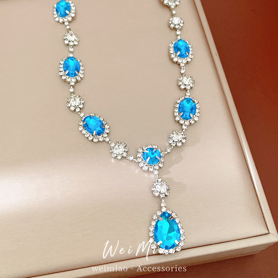 Collar de pendientes de gota de agua oval con diamantes lujoso y sofisticado, cadena de clavícula, conjunto de joyas de estilo palacio.
