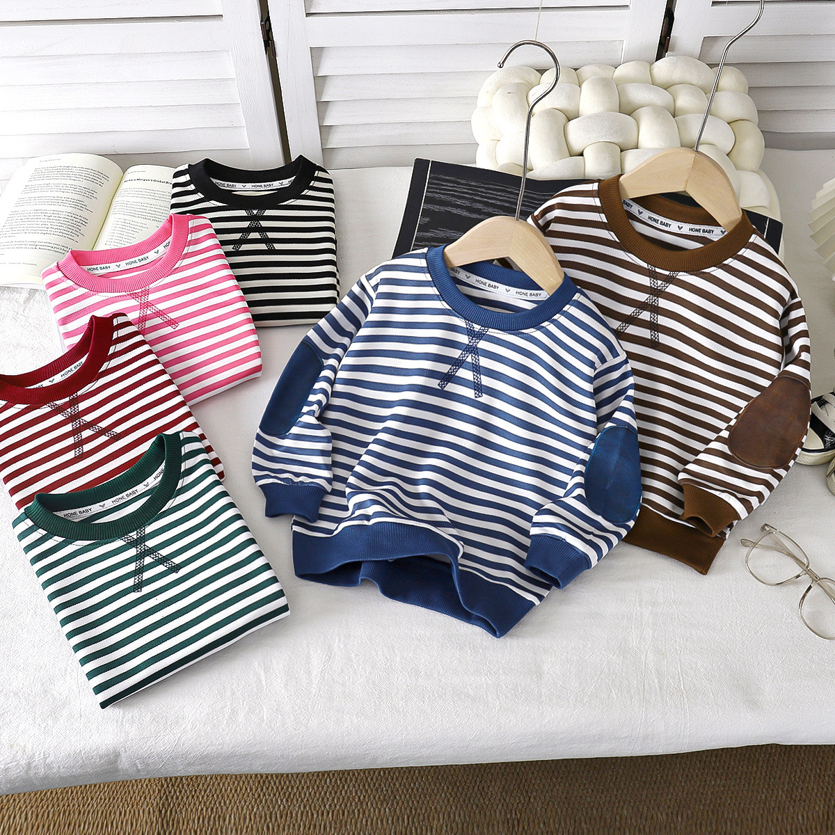 2026 New Children's Striped Sweatshirt, Unisex Crew Neck Long-Sleeve Top with Elbow Protection, Versatile Base Shirt for Babies in Spring and Autumn