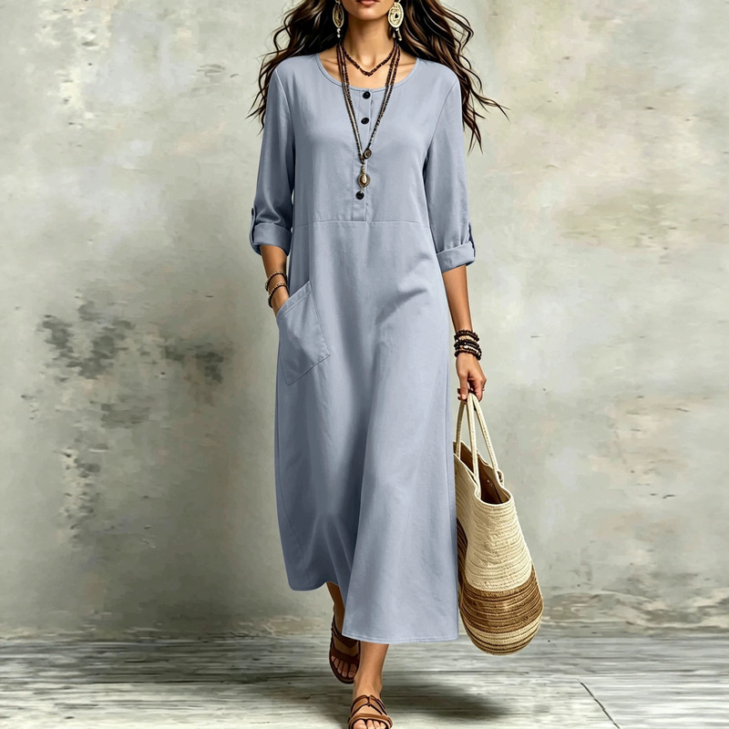 Cross-border e-commerce, Amazon, vintage bohemian long dress, with roll-up sleeves, large pockets, loose fit, casual women's dress Cross-border e-commerce, Amazon, vintage bohemian long dress, with roll-up sleeves, large pockets, loose fit, casual women's dress