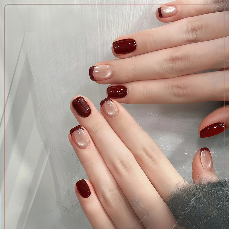 【Burgundy French Style】Cat-Eye Manicure Short Style Hand-Painted French Retro Burgundy Simple Handmade Wearable Nail Art
