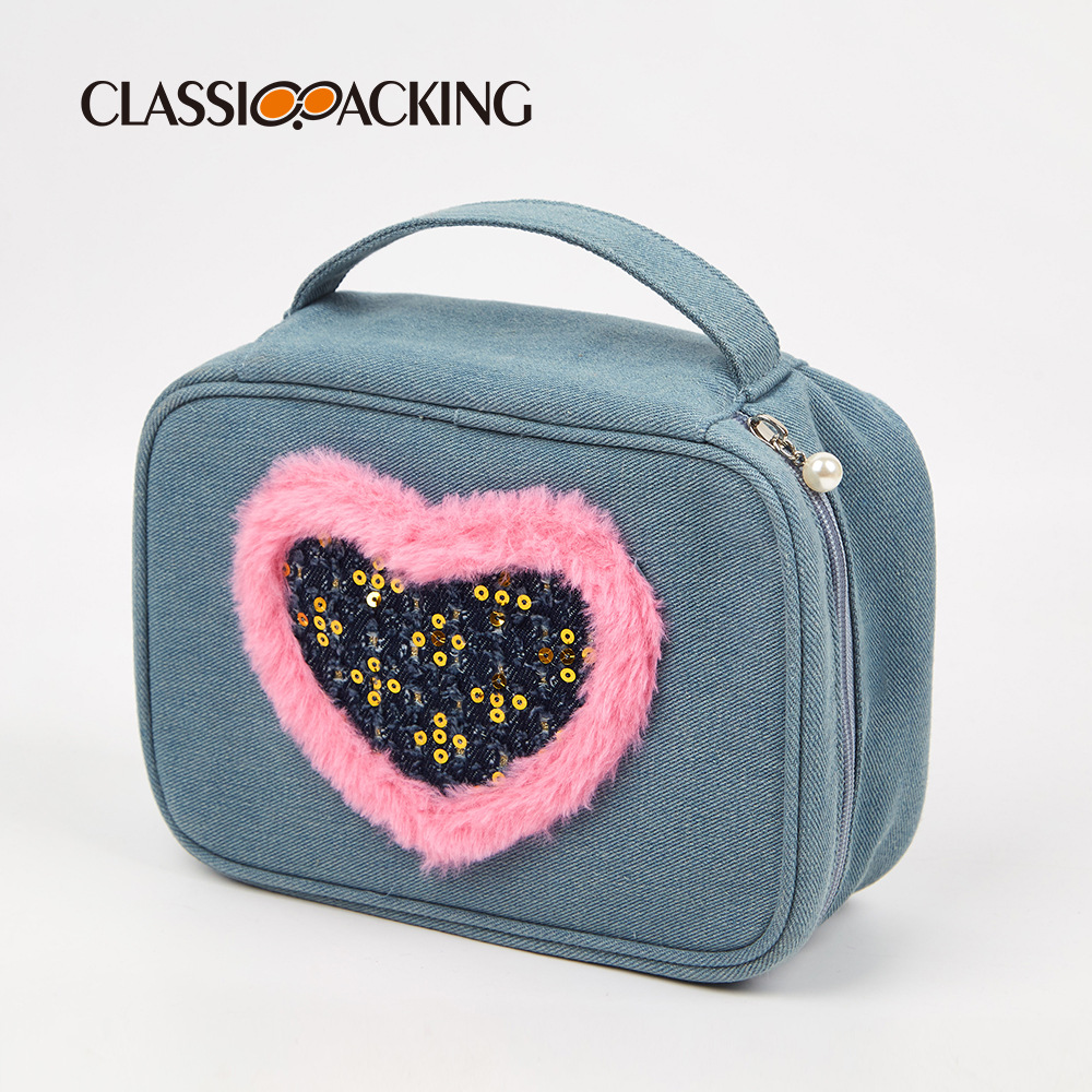 Bolsa de lavado diseñada por el fabricante, material de mezclilla de gran capacidad, bolsa de cosméticos portátil de viaje impermeable, se puede imprimir con logotipo