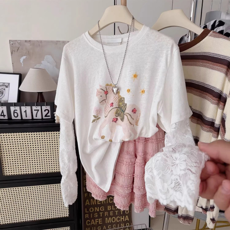 Pure Cotton Lace Sleeve T-Shirt for Women, Loose Fit, Korean Style Lace Patchwork Long Sleeve, Faux Two-Piece, Plus Size Pure Cotton Lace Sleeve T-Shirt for Women, Loose Fit, Korean Style Lace Patchwork Long Sleeve, Faux Two-Piece, Plus Size