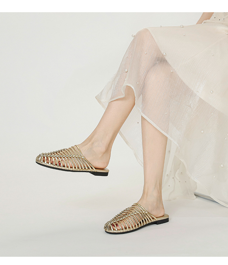 Hand-woven Open-toe Hollow Flat Mule Sandals For Summer Outdoor Wear, Lazy Slip-on Women's Shoes_vogvips.com