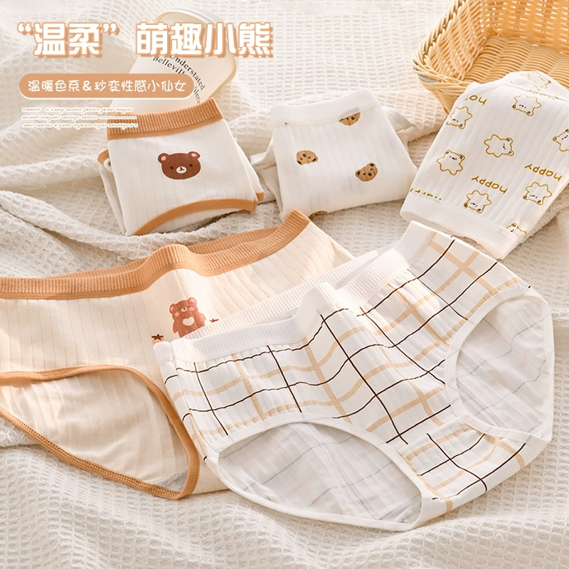 Мягкое и милое женское дышащее нижнее белье с милым медвежонком средней талии для студенток, удобные и приятные для кожи трусы для женщин