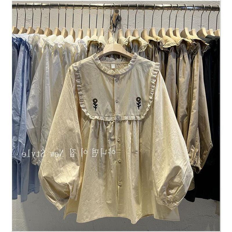 Autumn and Winter Women's Loose Plus-Size Korean-Style Embroidered Floral Patchwork Mori-Style Long-Sleeve Shirt Top Loose Babydoll Shirt