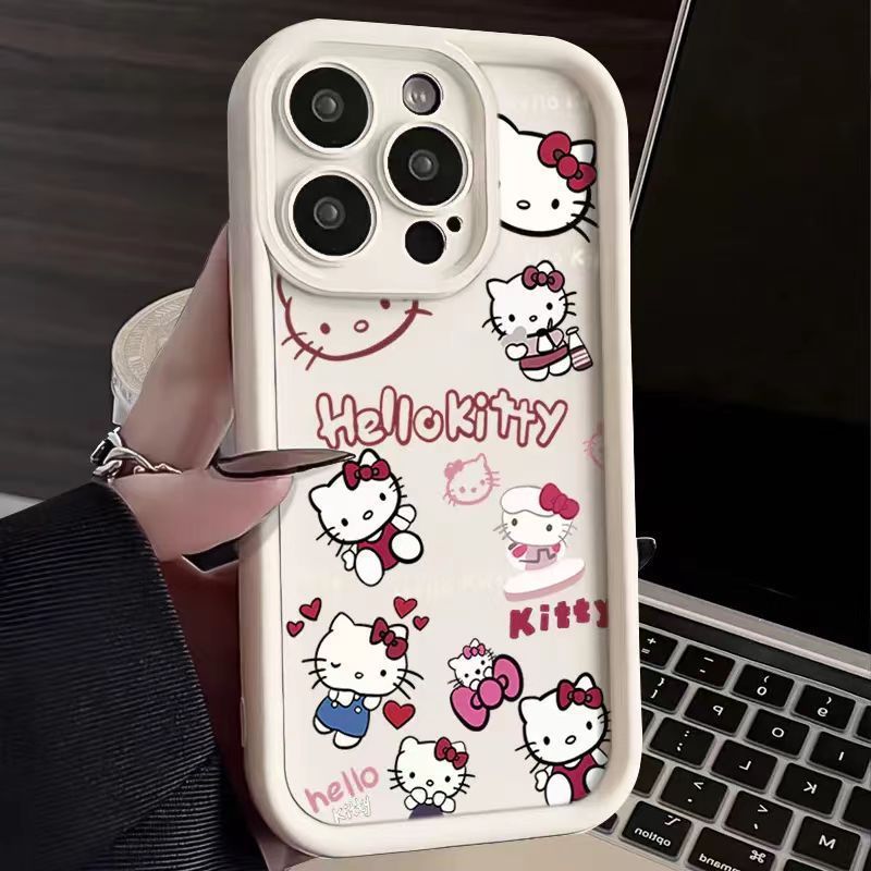 Cartoon Hello Kitty Apple 16 Mobile Phone Case iPhone15 Eye 14 Ladder 13 All-inclusive 12 Silicone 11 Drop-resistant XS