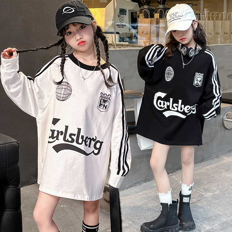 女童长袖T恤裙宽松儿童春装上衣圆领卫衣中长款女孩秋季打底衫潮