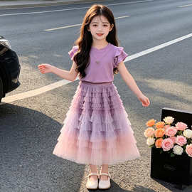 2026新款女童裙子夏季儿童装女孩彩虹蛋糕裙女大童夏装洋气套装薄