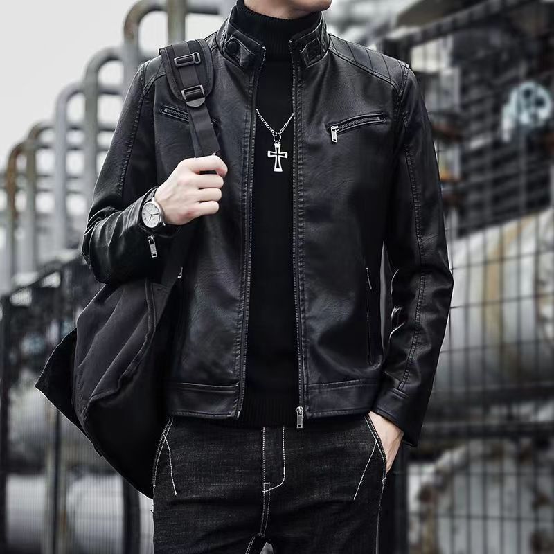 Korean Style Leather Jacket Spring and Autumn Men's Motorcycle Jacket with Fleece Short Thin Trendy Thick Stylish Autumn and Winter