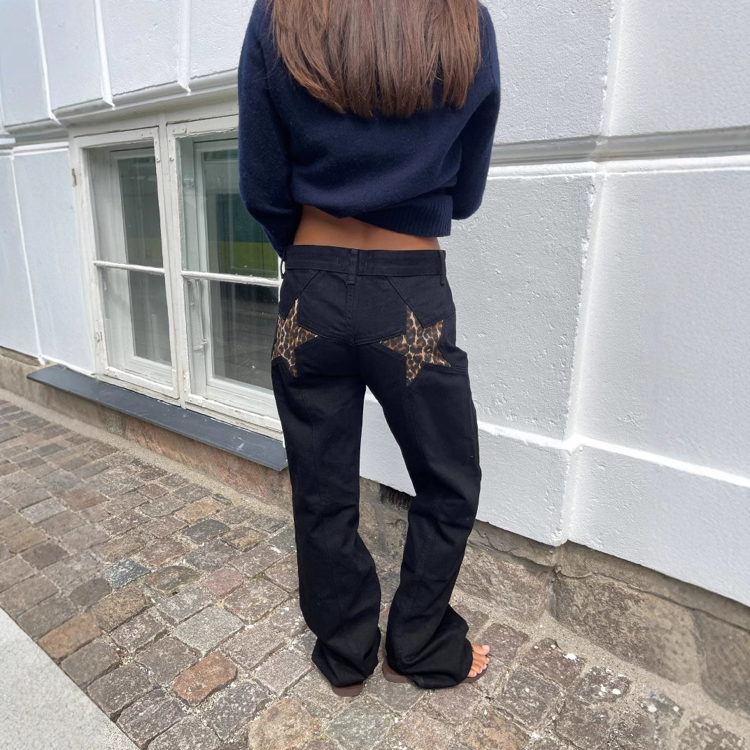 Grenzüberschreitende europäische und amerikanische Retro-Y2K-Hosen mit Hot-Girl-Rücken, Sternenmuster, Denim-Farbblock-Patchwork-Freizeithose_voghion.com