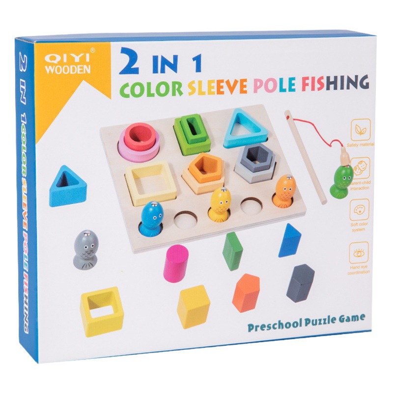 Transfronterizo de los niños de madera tridimensional multifuncional pesca manga columna forma coincidente cognitiva mano-ojo coordinación juguetes educativos