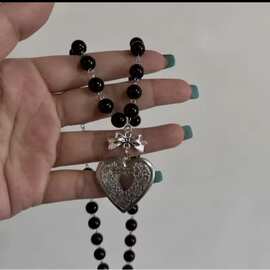 圆珠链黑色珍珠爱心打开盒子吊坠项链欧美境外哥特式毛衣链