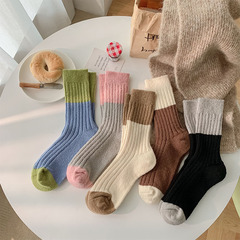 襪子女糖果色拼接中筒羊毛襪冬季加厚保暖日系甜美撞色堆堆襪諸暨