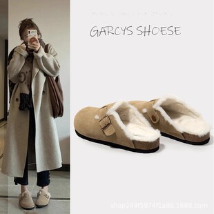 Mao Mao Bo Ken Shoes Women's 2024 New Fall/Winter Slip-on fleece-lined Warm Bo Ken Shoes Lazy Men's Baotou Half-Slip Cotton Shoes