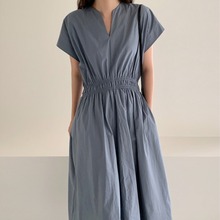 韩国chic夏季新款显瘦减龄纯色气质简约长款V领收腰连衣裙女长裙
